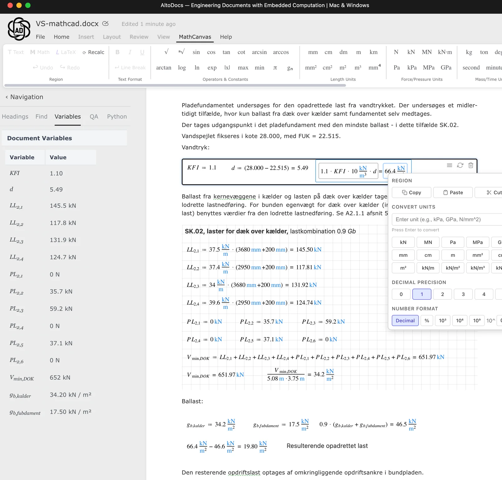 A real AltoDocs structural calculation document with live variables and unit-aware equations