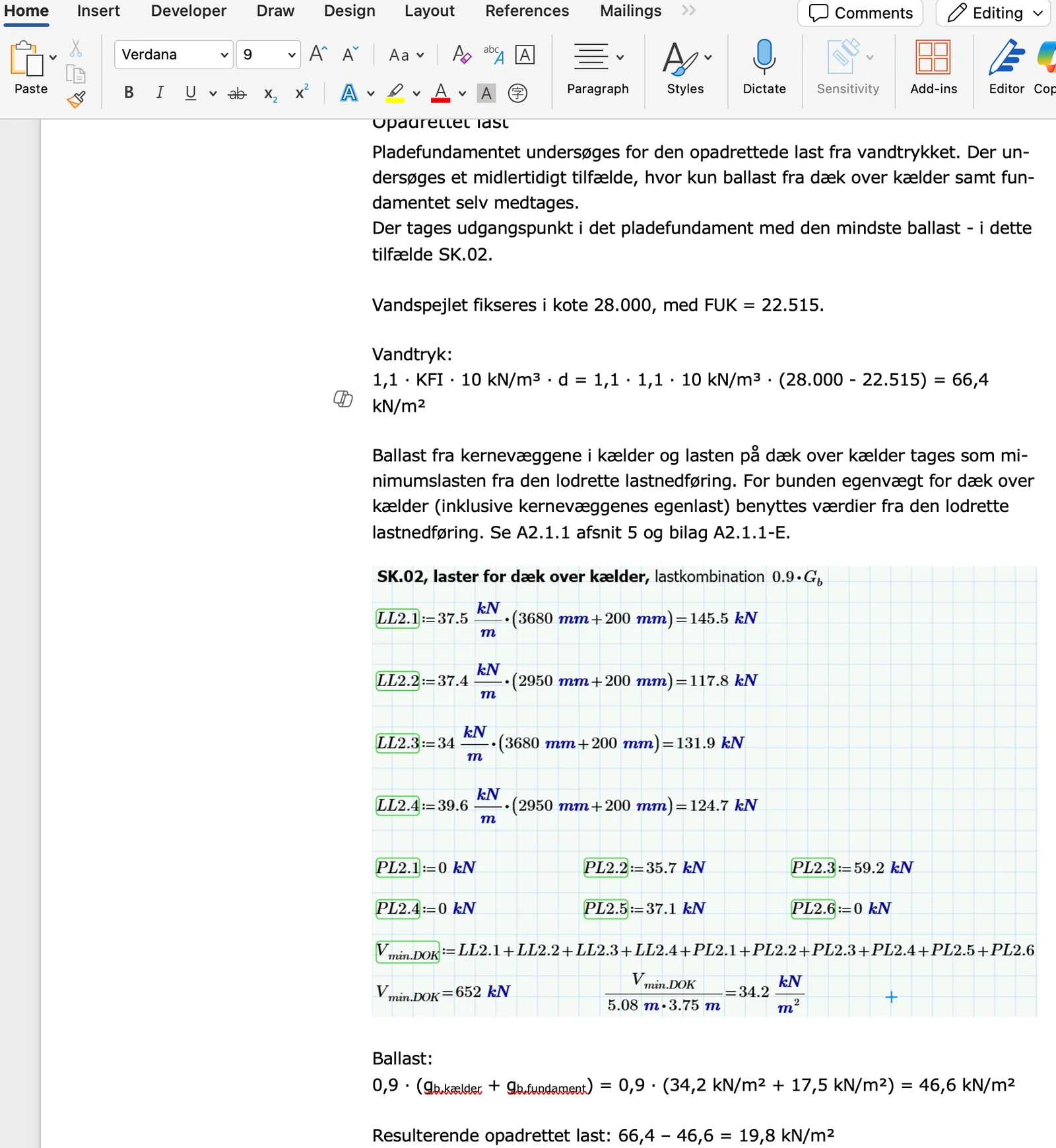 Engineering calculation screenshots pasted into Microsoft Word from Mathcad — static images in this example report