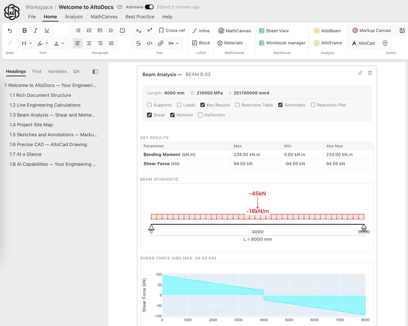 Wind and snow load cases with beam and column verification results inside an AltoDocs document