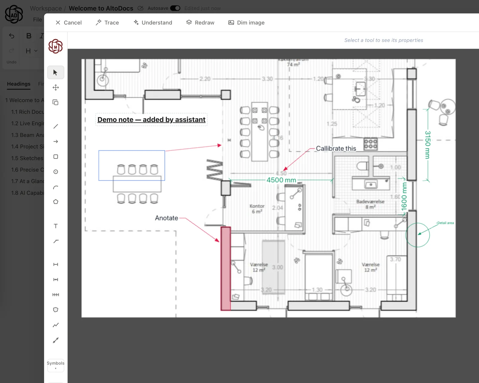 A real AltoDocs markup session with calibrated measurements and annotations on a reinforced concrete detail
