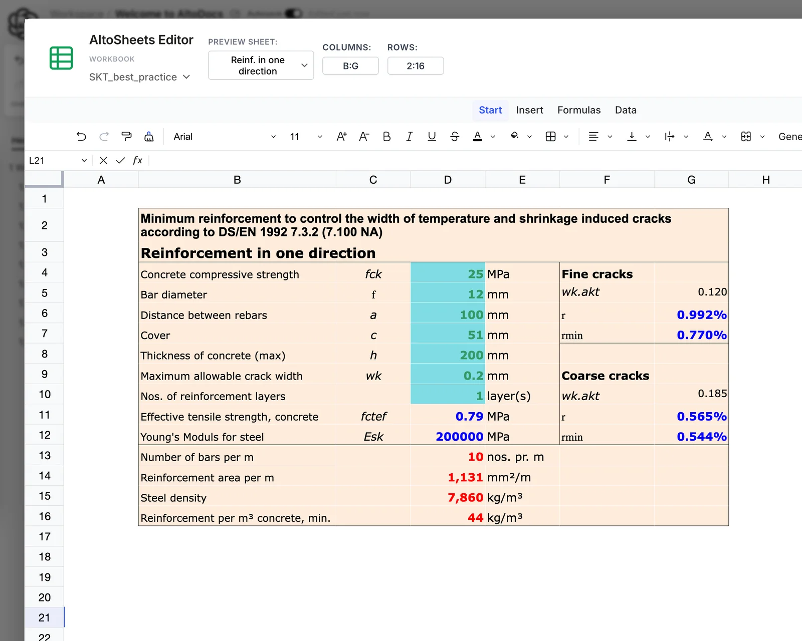 A real spreadsheet calculation being edited inside an AltoDocs document