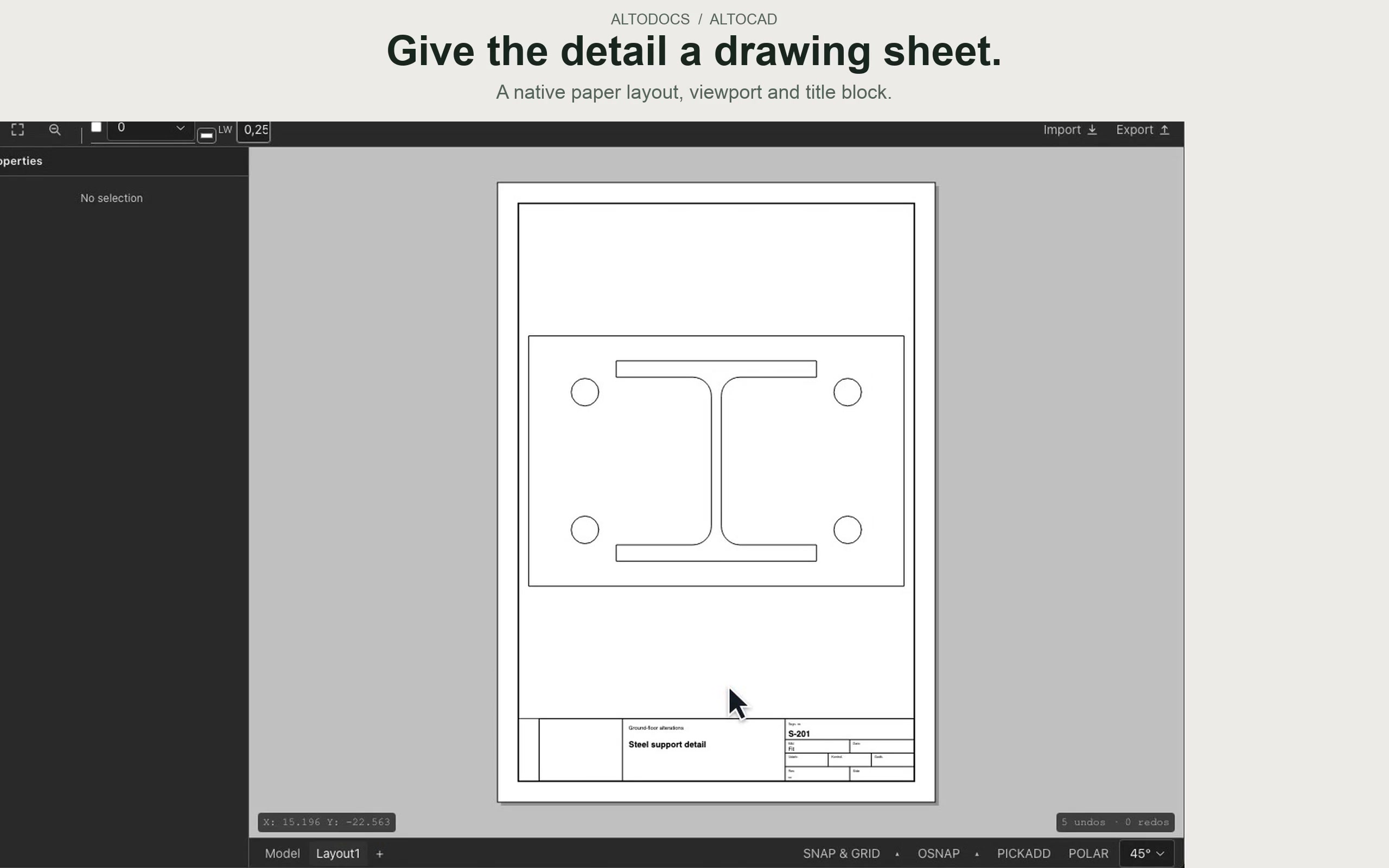A steel support detail with a library profile and authored drawing sheet linked inside an AltoDocs report