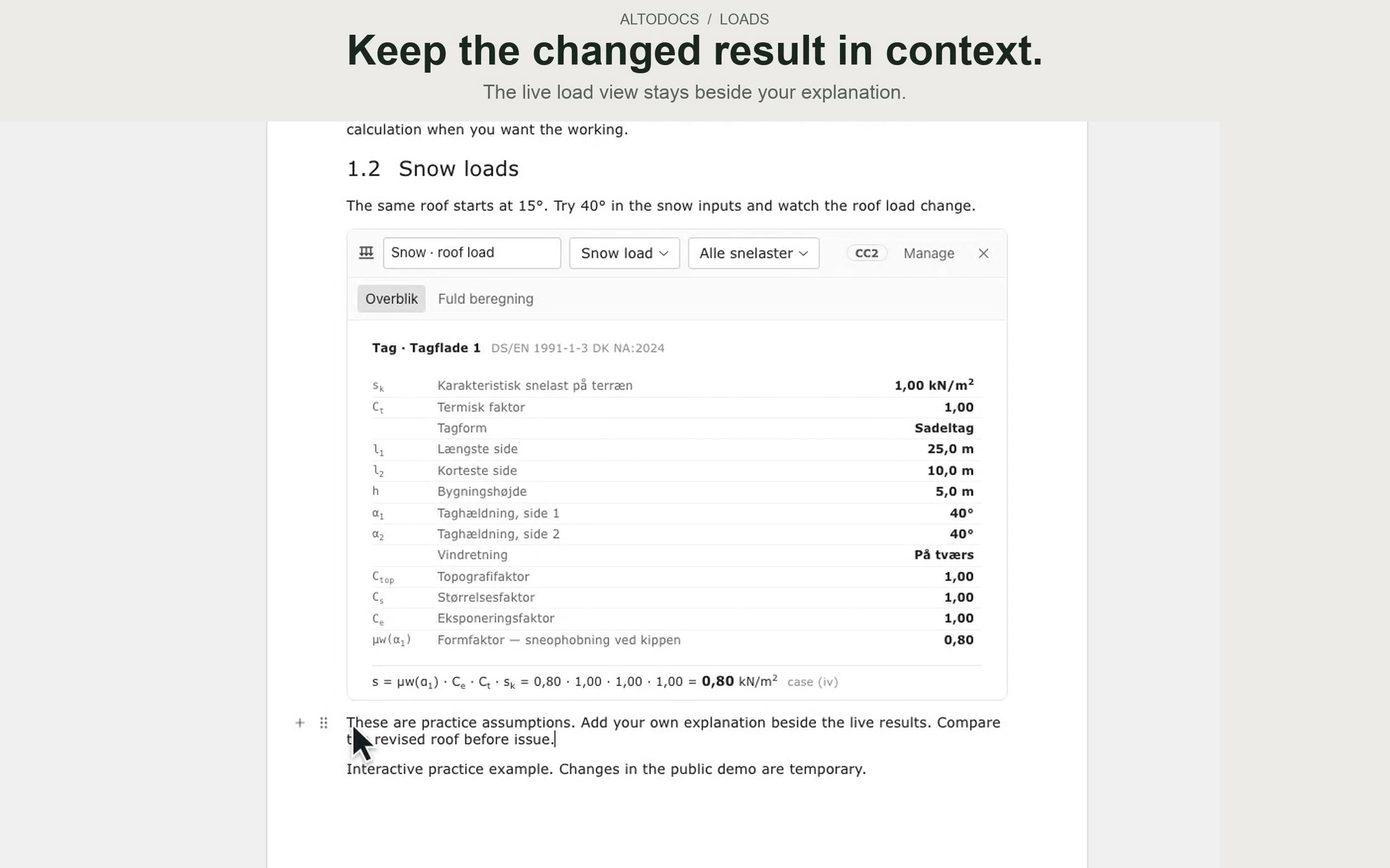 Wind and snow calculations inside the AltoDocs report editor