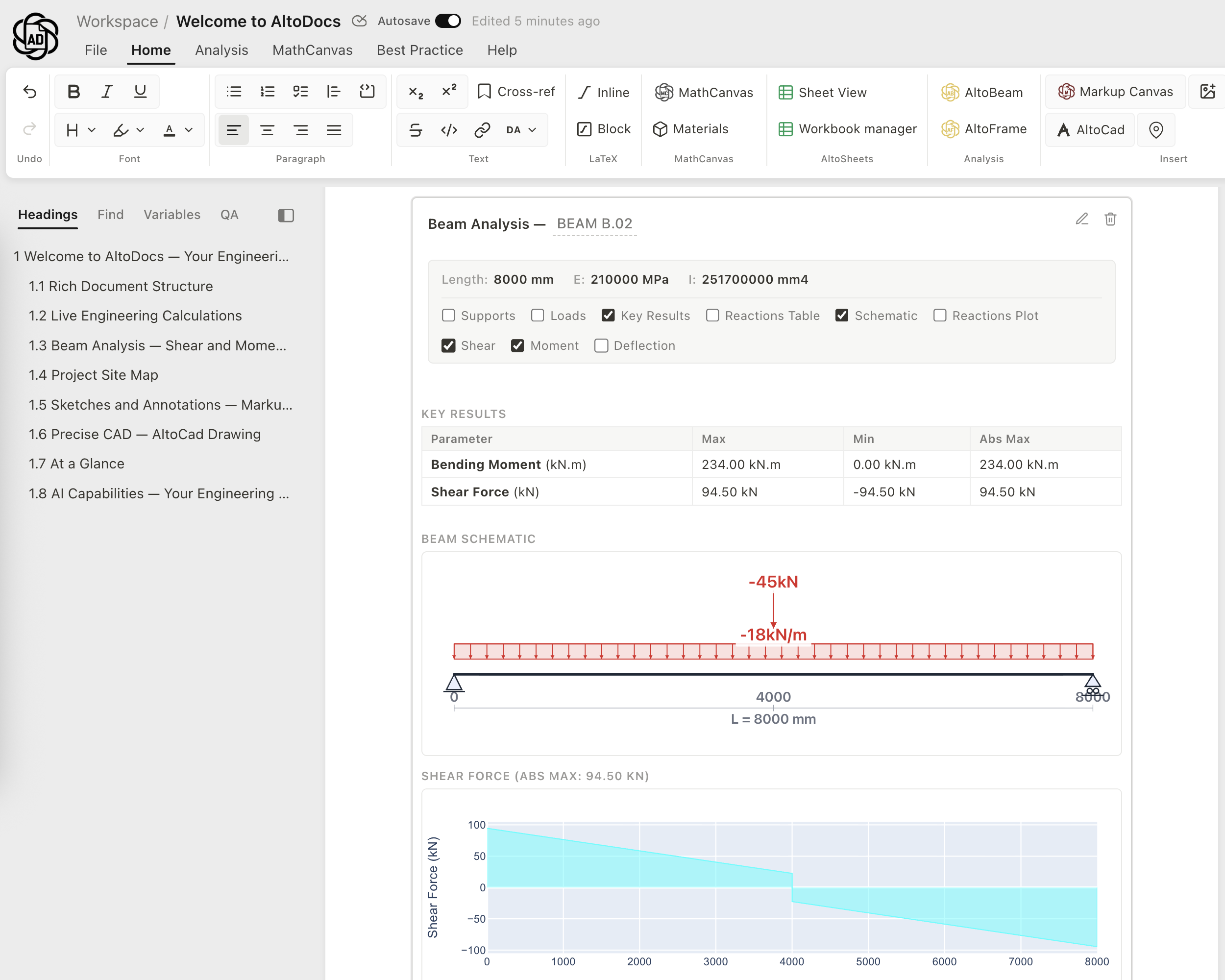 Wind and snow load cases with beam and column verification results inside an AltoDocs document