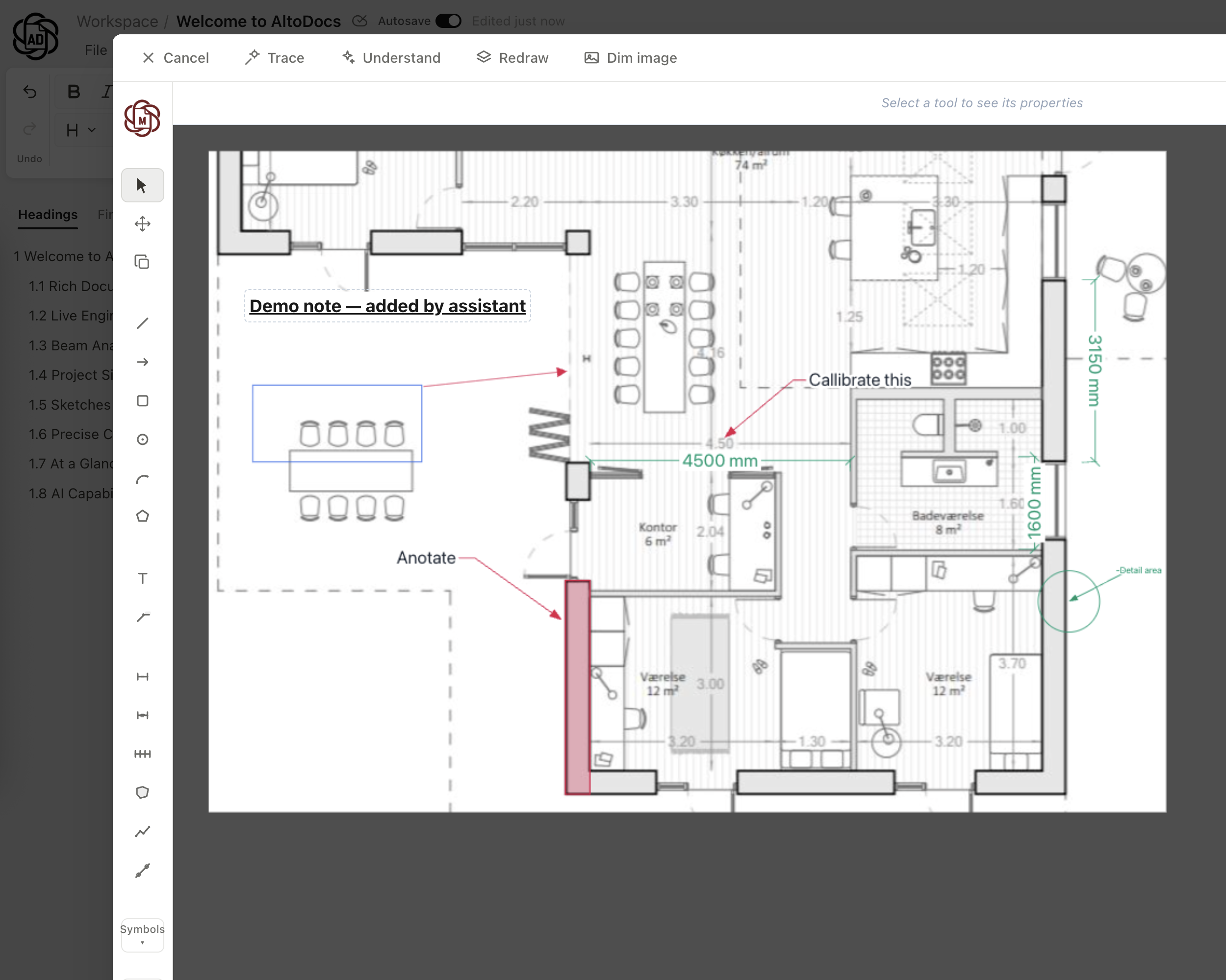 A real AltoDocs markup session with calibrated measurements and annotations on a reinforced concrete detail