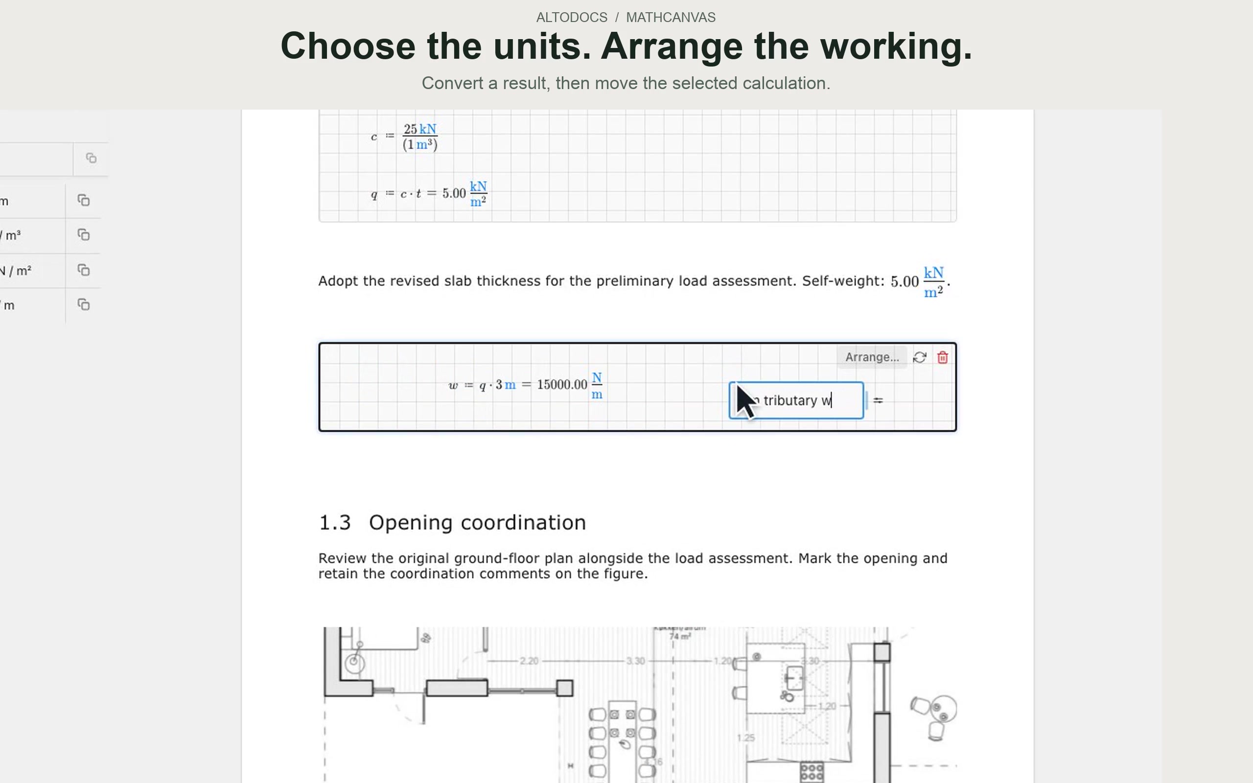 A MathCanvas report with a self-weight calculation, inline result, connected line-load calculation and open variable navigation