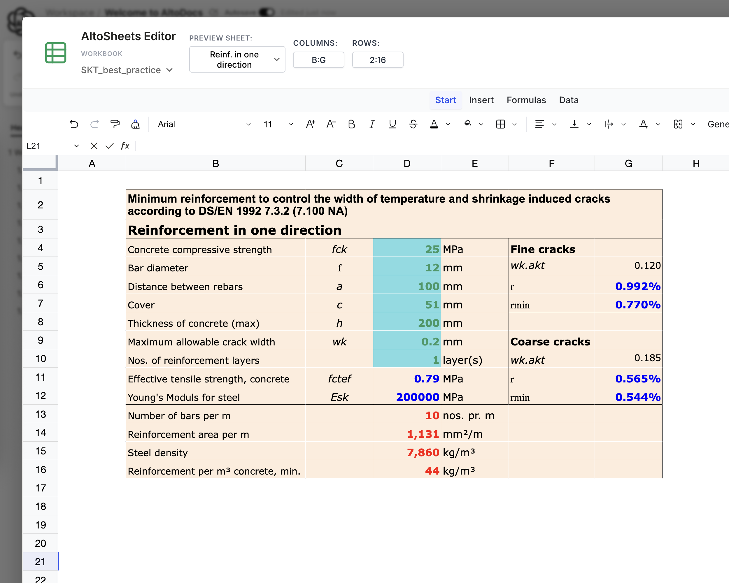 A real spreadsheet calculation being edited inside an AltoDocs document