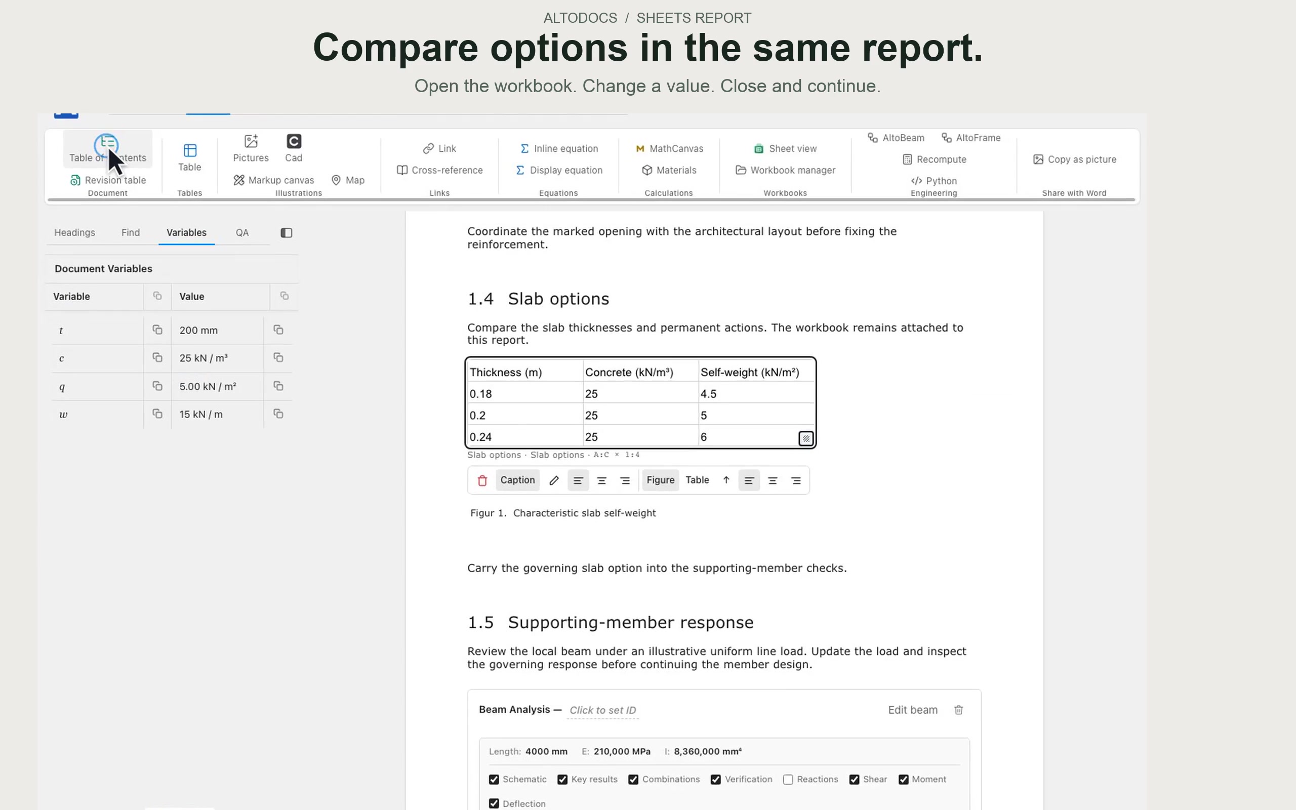 A slab-options worksheet comparing thickness and self-weight beside the report narrative